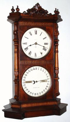 Seth Thomas Clock Co., Thomaston, PARLOR CALENDAR No. 8, in walnut with maple trimmings, double dial perpetual calendar, time and gong strike, spring. C.1885 (dated Aug 1885 on rear). — Antique Clocks Price Guide