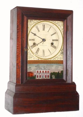 Conn. Clock Co., early beveled edge cottage clock, in a rosewood case, 1-day, dial touts "Polished Pinions, No. 1" C.1850. — Antique Clocks Price Guide