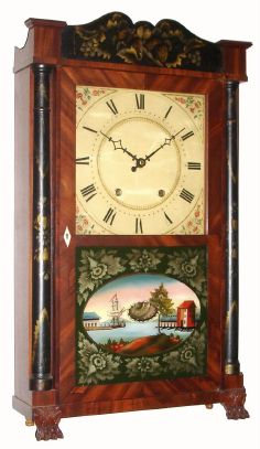 Hart and Son, Goshen, Conn, Transitional Short cased, stenciled column and splat with paw feet, 1-day wooden movement, 2-wt. C.1835. — Antique Clocks Price Guide