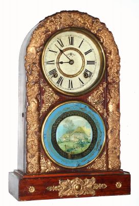 Japanese, Aichi Clock Co., 8-day shelf clock for the Asian market, with cast gesso dragons and gargoyles applied to the door, painted gold. C.1910. — Antique Clocks Price Guide