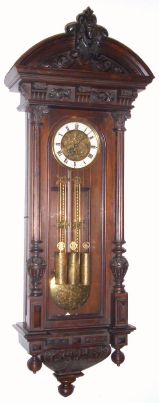 Austrian, 3-Wt VIENNA REGULATOR, full Grand Sonnerie striking, in a handsome 3/4 column case with original top with carved bust, and with engraved grid pendulum, and 3 patterned weights. C.1875. — Antique Clocks Price Guide