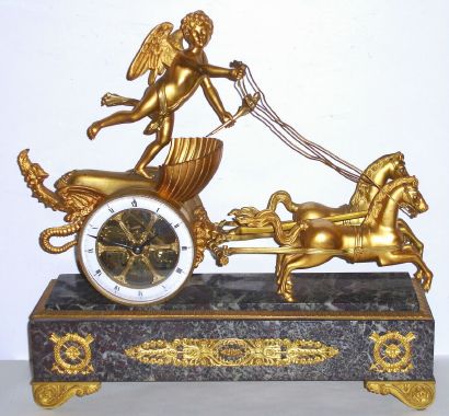 French, Fabrique D'Horologerie, Paris, Amor standing in his charriot, at the reins of a pair of charging horses, a fine French figural clock in a design that was popular for over 2 centuries. 8-day time and bell strike, No. 2508. C.1880. — Antique Clocks Price Guide