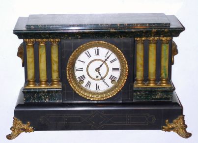 Seth Thomas ADAMANTINE shelf clock, shown by Ly as "Unlisted No. 1", one of the more attractive models with 3 columns on each side of the dial. C.1900. — Antique Clocks Price Guide
