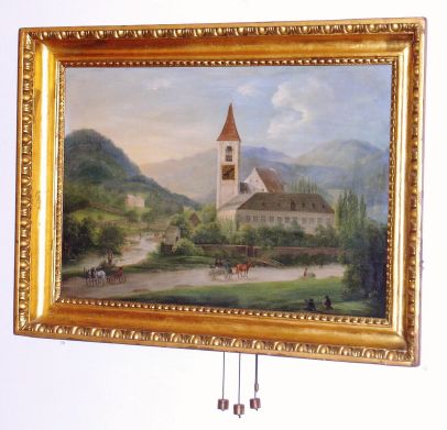 Austrian, Grand Sonnerie Picture clock, pull wind, and the dial for the clock showing on the church tower in the painting. The scene typical of an Alpine village in southern Austria, and with 9 total people in various activities, tending cows, in carriage, carrying freight. C.1840. — Antique Clocks Price Guide