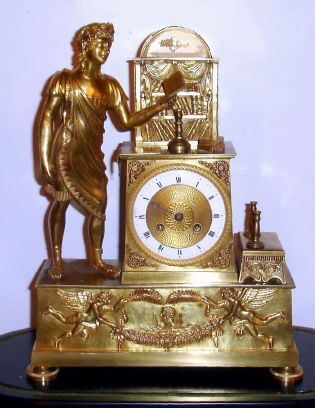 French, 8-day time/strike figural mantel clock, Student in Library, with old repaired dome, on wooden base. Circa 1830. — Antique Clocks Price Guide
