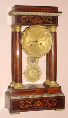 French, 4-Column Empire Portico clock, rosewood with inlaid floral design, 8-day, bell strike, C.1880. — Antique Clocks Price Guide