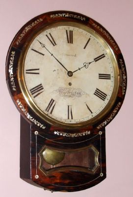 English, round drop dial, chain fusee wall timepiece, 8-day, with MOP inlay, C.1860 — Antique Clocks Price Guide