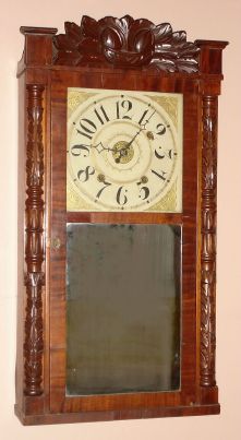 Boardman and Wells, Bristol, Conn., 30-hour time/strike/alarm (3-wt) wood movement, carved column and splat shelf clock, Circa 1835. — Antique Clocks Price Guide