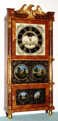 Birge, Gilbert and Co., 8-day time and strike triple decker shelf clock, 2-wt. Circa 1835 — Antique Clocks Price Guide