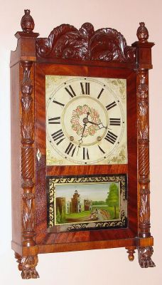 Riley Whiting, Winchester, Conn., carved column and splat, short, 30-hour time/strike wood movement shelf clock. Circa 1827 — Antique Clocks Price Guide