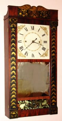 Jerome, Darrow and Co., 30-hour time/strike wood groaner movement shelf clock, with unusual stenciled pilasters and eagle splat. Circa 1825 — Antique Clocks Price Guide