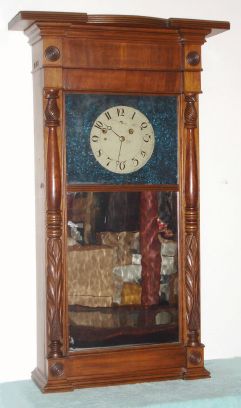 A. Munger, Auburn, NY, "Ironing Board Top" carved column shelf clock, 2-wt, bell strike, 8-day, C.1825 — Antique Clocks Price Guide