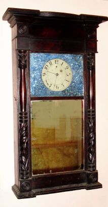 A. Munger, Auburn, NY, "Ironing Board Top" carved column, uncommon shelf timepiece, 1-wt, 8-day, C.1825 — Antique Clocks Price Guide