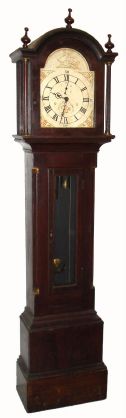 Silas Hoadley, Plymouth, Conn, 30-hour wooden works tall clock, in a country case that has been "Victorianized" by the addition of a framed glass door, and also adding brass covered weights and pendulum bob. C.1825 — Antique Clocks Price Guide