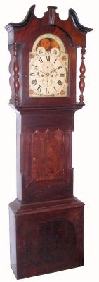 English, Yorkshire area tall clock, wide case with short door, and with 20" rolling moon dial, 2-wt, 8-day, C.1840 — Antique Clocks Price Guide