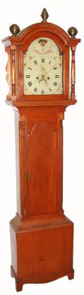 English, 8-day, painted dial tall clock, 2- weight, in a pine case stained a maple color, C.1840 — Antique Clocks Price Guide