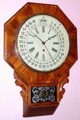 Wm. L. Gilbert Clock Co., "Octagon Drop Calendar", with Maranville patent calendar, wall timepiece, 8-day, spring, C.1875 — Antique Clocks Price Guide