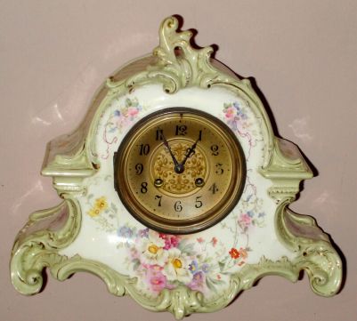 French, Japy Freres 8-day time and strike Royal Bonn (La Porte) porcelain case mantel clock. Circa 1895 — Antique Clocks Price Guide