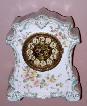 F. Kroeber Clock Co., "China No. 14", 8-day time/strike porcelain mantel clock. Circa 1898 — Antique Clocks Price Guide