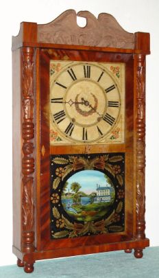 Riley Whiting, Winchester, Conn., 30-hour time/strike wood movement, short carved column and splat shelf clock, Circa 1830 — Antique Clocks Price Guide