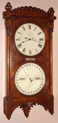 Seth Thomas "OFFICE CALENDAR No. 5", in walnut with burled panels, double dial perpetual calendar, 14 inch dials, weight driven, C.1890 (dated presentation) — Antique Clocks Price Guide