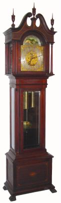 English, for Tiffany and Co by J. J. Elliott, London, inlaid mahogany tall case clock, time and gong strike with rolling moon, 2-wt, C.1900 — Antique Clocks Price Guide