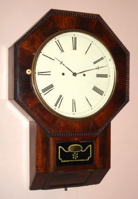 Atkins Clock Co, "OCTAGON DROP, XX", rosewood veneered wall clock with type III wagon spring movement, 30-day duration, C.1856 — Antique Clocks Price Guide