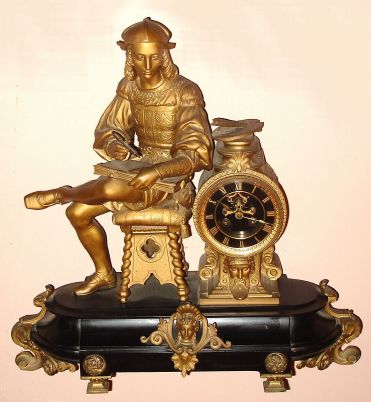 French, S. Marti, large figural clock, black marble base with patinated spelter statue of a seated artist, and with black dial, gilt bronze applied numerals, and open escapement. C.1890 — Antique Clocks Price Guide
