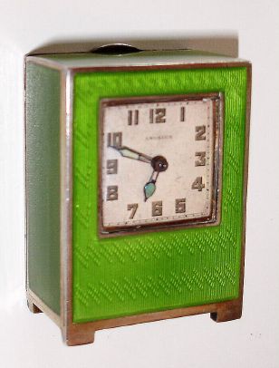 Swiss, Lemania Watch Co, for "ANGELUS" (on dial), tiny 8-day shelf clock in a green guilloche enamel case with hinged back and rear wind 8-day jeweled movement, C.1950 — Antique Clocks Price Guide