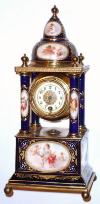 Austrian, Royal Vienna, portico clock with small 8-day timepiece, in a blue cobalt case with hand painted cameos of ladies and cherubs, C.1890 — Antique Clocks Price Guide
