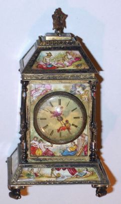 English, Wilter, London, a miniature mantle clock with a chain fusee watch movement, all the fired enamel panels of the case hand painted in Greek and Roman motif, C.1840, — Antique Clocks Price Guide