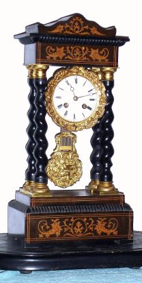 C.1875, French, Japy Freres, 4-Column Empire style mantel clock, inlaid case with barley twist columns and gilt capitals, plus old glass dome and base. — Antique Clocks Price Guide