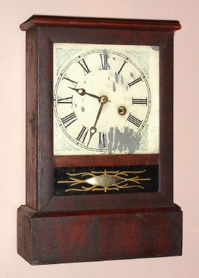 Terry Clock Co., Waterbury, Conn, cottage clock with early S.B. Terry movement with cross support for spring arbor riveted to plates (correct), 1-day, spring, C.1870 — Antique Clocks Price Guide