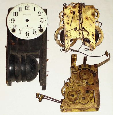 Seth Thomas Clock Co., complete 2 movement set for a four bell Sonora chime mantel clock. Included are an 8-day time and strike movement, chime movement, four bell set w/ echo chamber, and a signed 4 1/2 inch porcelain dial. Circa 1900 — Antique Clocks Price Guide