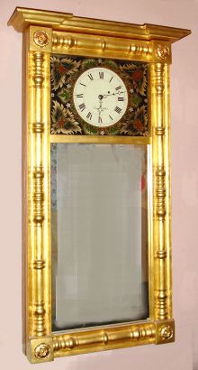 Samuel Abbott, Boston, Mass., Federal Style, extra large mirror cased wall timepiece, 8-day with restrained weight on rods, Circa 1828. — Antique Clocks Price Guide