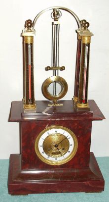 French, Lepaute de Belle Fontaine (probably Jacque Joseph), a fine mantel regulator, with pendulum suspended by a knife edge set in a portico over the movement, contained in a mottled red/ gray marble case, bell striking, 8-day plus, C.1820 — Antique Clocks Price Guide