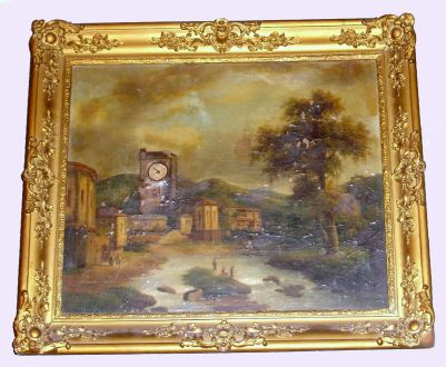 French, Picture Clock, the tiny dial showing as the tower dial in the oil on canvas painting, gong strike, C.1860. — Antique Clocks Price Guide