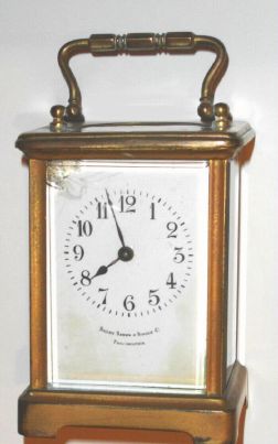 French, for Bailey, Banks and Biddle, Philad'a, Brass cased carriage timepiece with cylinder 'scape, souvenir quality Obis case, C.1900 — Antique Clocks Price Guide