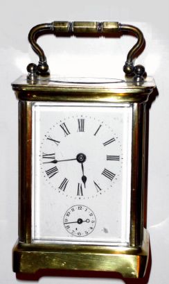 French, Brass cased carriage clock, time and alarm, cylinder 'scape, and with a travel case from a slightly larger clock. C.1900 — Antique Clocks Price Guide