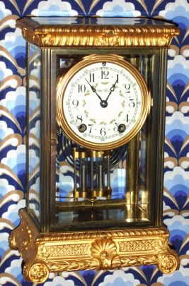 Seth Thomas Clock Co., "EMPIRE No 13", 4-glass crystal regulator, with 2-vial pendulum, and with fancy cream colored porcelain dial with floral polychrome decorations fired in, C.1907 — Antique Clocks Price Guide