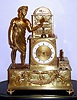 French, 8-day time/strike figural mantel clock, Student in Library, with old repaired dome, on wooden base. Circa 1830.