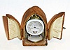 Swiss for French souvenir market, FLEUR DE LYS, mini heartbeat "watch" clock with beating heart visible in lieu of numberal 6, and with original travel case/gift box. C.1900