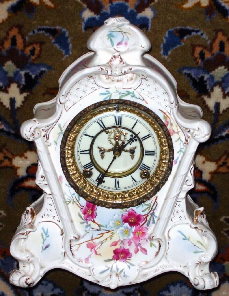 Ansonia Clock Co., C.1895, Royal Bonn, "No. 502" porcelain china cased clock, with 8-day, gong strike mov't with open escapement on porcelain dial. — Antique Clocks Price Guide
