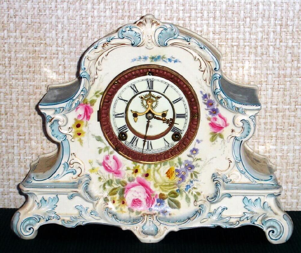 Ansonia Clock Co., C.1900, Royal Bonn, "La Nord" porcelain china cased clock, with 8-day, gong strike mov't with open escapement on porcelain dial. — Antique Clocks Price Guide