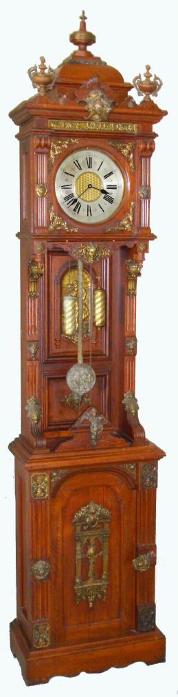 Ansonia Clock Co., C.1901, "ANTIQUE STANDING", 2-weight hall clock, 8-day, hour and half hour gong strike with brass trimmings, silvered 10" dial with gilt center. — Antique Clocks Price Guide