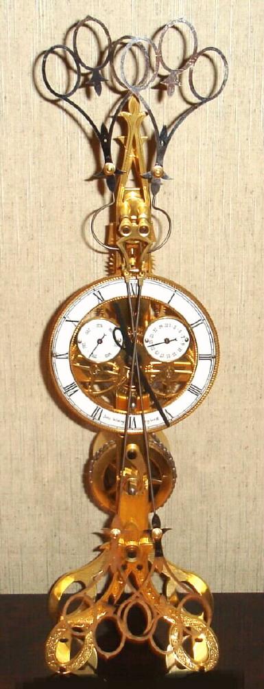 Chinese, Timepiece skeleton clock, C. 2005, "SCISSORS" pendulum model, after the original by Englishman John Wilding. With a brass edged glass case, with hinged front door; rear pane of case is a mirror. 8-day fusee. This model is still sold by ProClocks of Cincinnati. — Antique Clocks Price Guide
