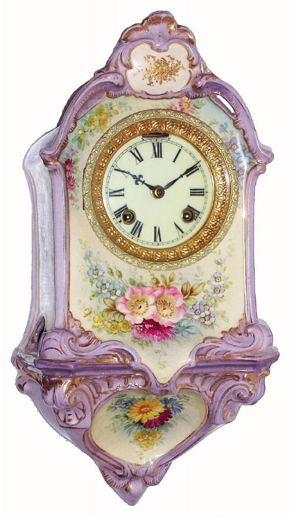 Ansonia Clock Co., C.1906, Royal Bonn, "PORCELAIN HANGING No. 1" china cased wall clock, with flower pattern to case, bell strike balance wheel, 8-day mov't. — Antique Clocks Price Guide