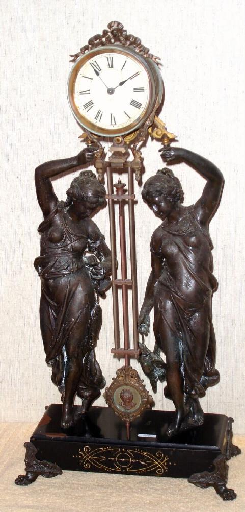 Ansonia Clock Co., New York, C.1885, "FISHER and HUNTRESS" double figure swing clock (two female figures), with canister style arm. — Antique Clocks Price Guide
