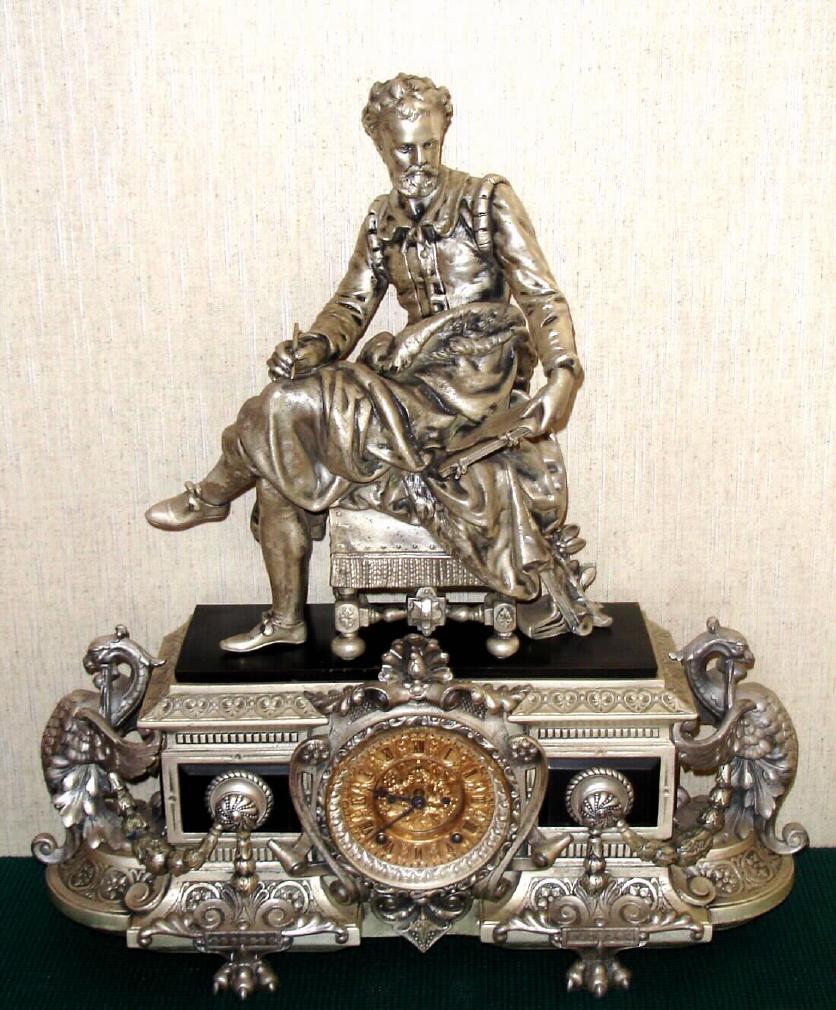 Ansonia Clock Co., New York, C.1880, "EUREKA and TASSO" {fig 1085} a hard to find Ansonia model in Silver finish, 8-day time and gong strike. — Antique Clocks Price Guide