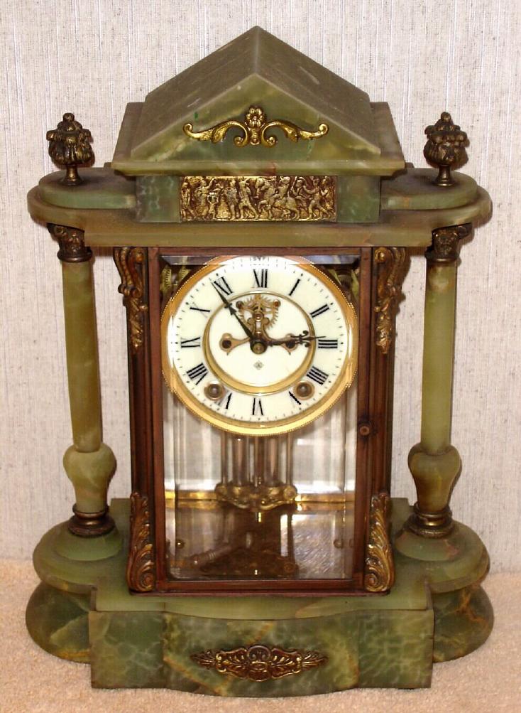 Ansonia Clock Co., New York, C.1906, "GONFALON" Green onyx cased 4-glass crystal regulator with fancy 2-vial pendulum, 8-day, gong strike, open escapement. — Antique Clocks Price Guide